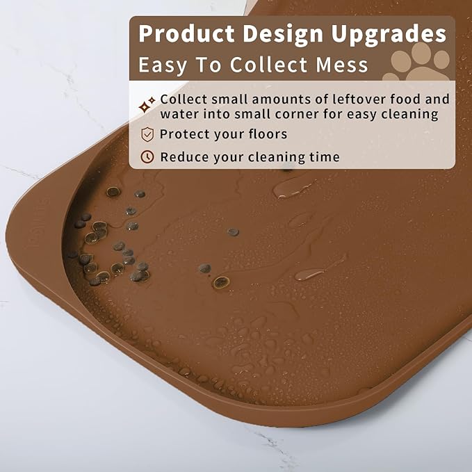 Silicone Pet Food Mat with Raised Edge for Food and Water Bowl, Dog Feeding Mats, Cat Food Trays for Floor Waterproof, Rubber Tray for Dogs and Cats, 24 x 16 x 0.8 Brown