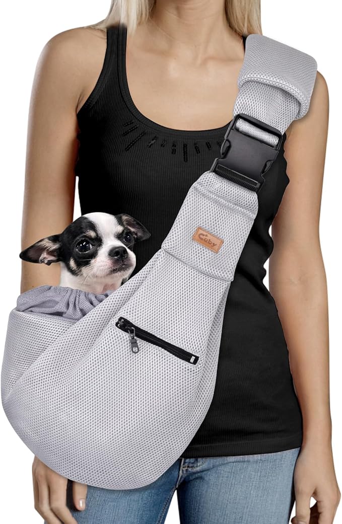 CUBY Dog and Cat Sling Carrier - Hands Free Breathable Mesh Small Dog Sling Carrier-Soft Pouch and Tote Design-Suitable for Puppy, Small Dog Cat Pets Carriers Sling Outdoor(Grey-Mesh,Adjust Strap 2.0)