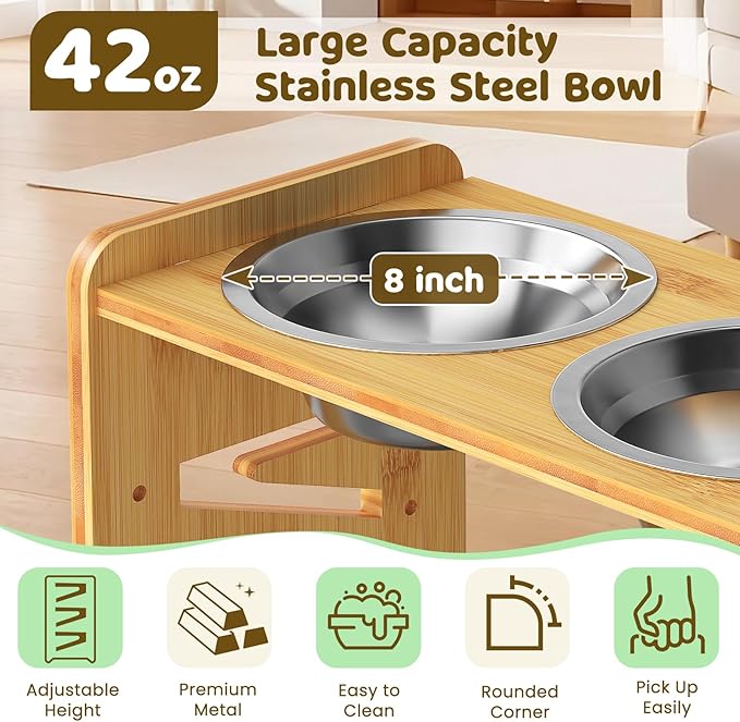 Elevated Dog Bowls, 6 Height Adjustable Raised Dog Bowl Stand with 2 Stainless Steel Bowls for Large, Already Painted, Medium and Small Dogs and Cats, 15" High Bamboo Pet Food Feeder