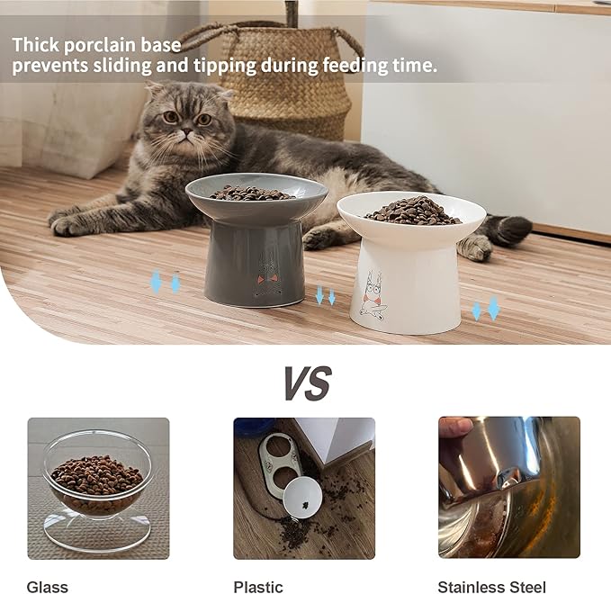 OMAYKEY 6.5 Inch Extra Wide Ceramic Raised Cat Bowls, Upgraded Elevated Porcelain Cat Food Water Bowl Dish, Stress Free Pet Feeder Bowls Dishes for Elder Big Cats & Small Dogs, White & Grey