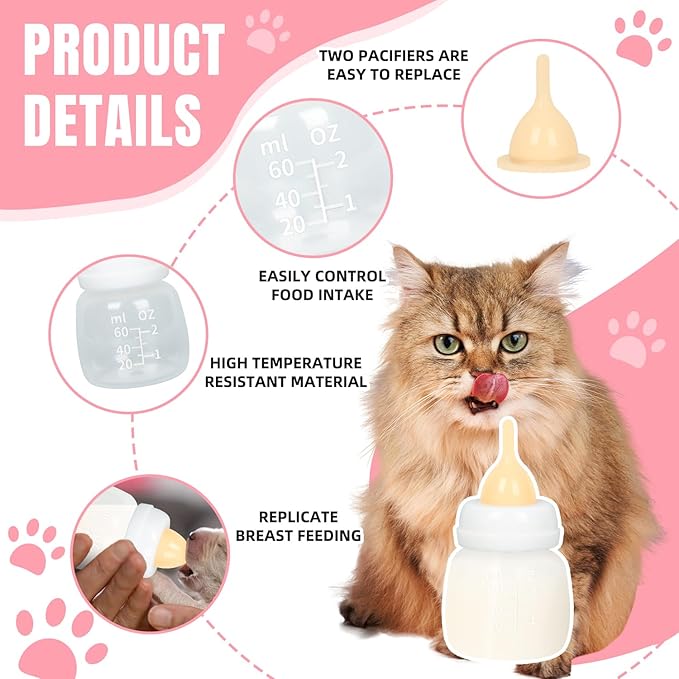 Kitten Bottles, Professional Kitten Bottle Feeding Kit, Nipple&Feeding Kit for Kittens and Puppies, Reusable Newborn Kitten Supplies, Suitable for Feeding Kitten, Puppy, Rabbit
