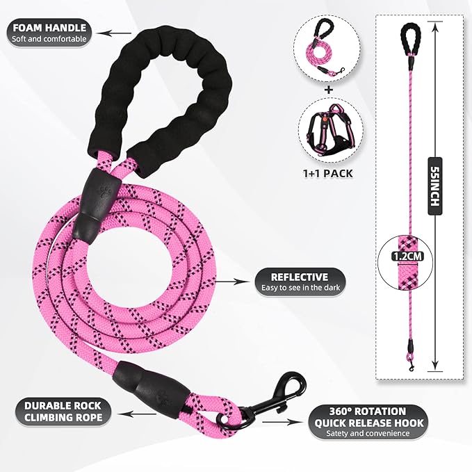 No Pull Dog Harness with A Free Heavy Duty 5ft Dog Leash, Adjustable Soft Padded Dog Vest, Reflective No-Choke Pet Oxford Vest with Easy Control Handle and Dog Leash for Dogs (Pink, Medium)