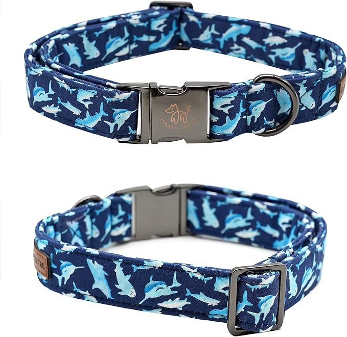 Elegant little tail Dog Collar, Blue Shark Pattern Pet Collar Durable Cute Dog Collars Male or Female Pet Gift Adjustable Dog Collar for X-Large Dogs