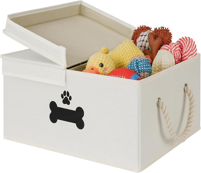 Dog Toy Basket with Double-Open Lid, Divided Dogs Basket for Toys, Collapsible Pet Toy Box, Dog Storage Organizer with 2 Divided Area, Puppy Toys Baskets with Rope Handles, Beige