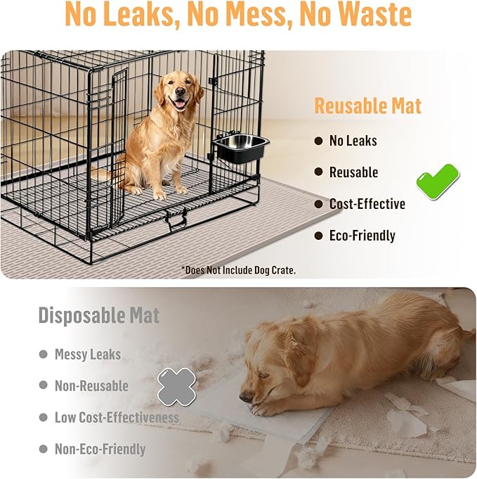 Silicone Dog Bed Mat, 57"x 40" Crate Mat for Dog Cages, Kennel Mat with Raised Edge, Washable, Waterproof, Leakproof, Protect Floors (Khaki)