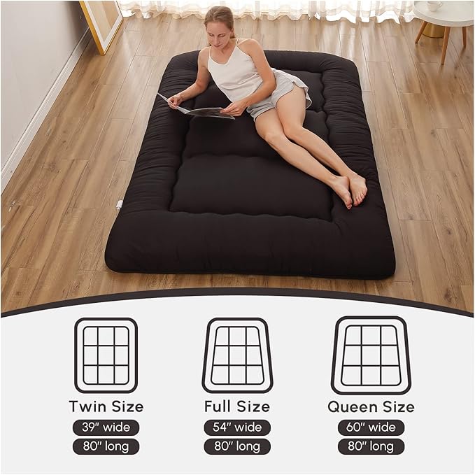 Japanese Floor Mattress, Futon Mattress with Portable Storage Bag and Washable Cover, Roll Up Thick Tatami Mat Suitable for Camping, Guest Room, Black, Twin