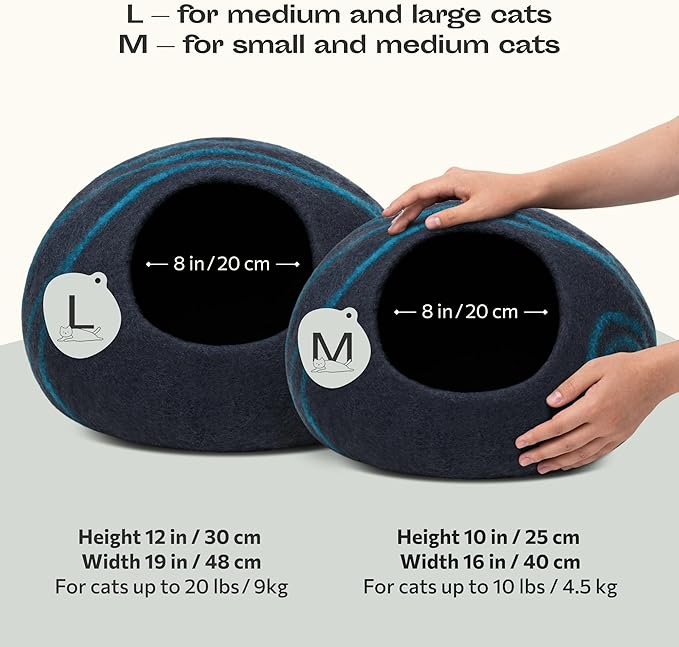 MEOWFIA Cat Cave – Premium Felt Cat Bed for Indoor Cats, Handmade Merino Wool (Black Aqua, Medium)