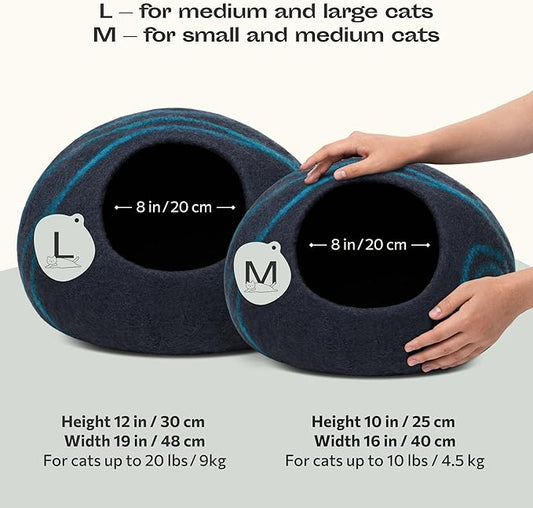MEOWFIA Cat Cave – Premium Felt Cat Bed for Indoor Cats, Handmade Merino Wool (Black Aqua, Medium)