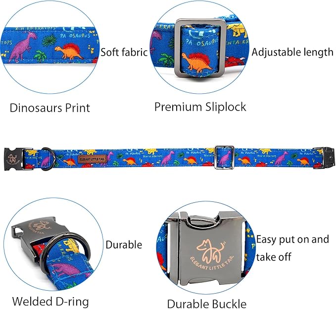 Elegant little tail Dog Collar, Blue Dinosaurs Pattern Pet Collar Durable Cute Dog Collars Male or Female Pet Gift Adjustable Dog Collar for Large Dogs