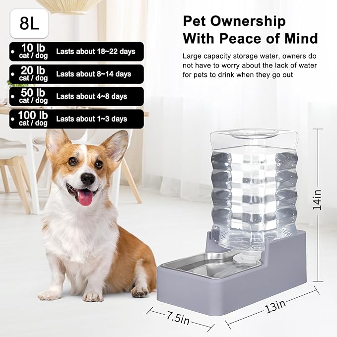Sfozstra Dog Water Bowl Dispenser: 8L Lagre Automatic Gravity Light Gray Upgraded Pet Water Dispenser - Stainless Steel Bowl - BPA-Free - Two Caps and Filters for Multiple Pets