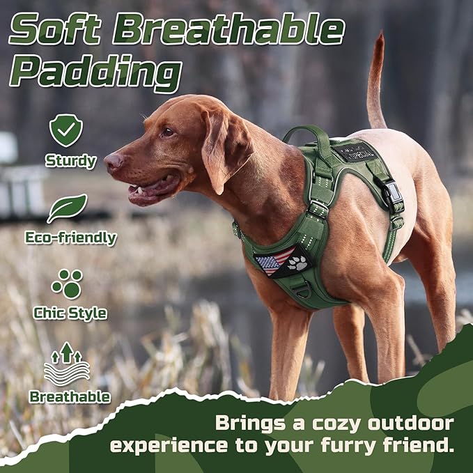 rabbitgoo Tactical Dog Harness for Large Dogs, No Pull Military Service Vest with Handle & Molle, Easy Control for Training Walking, Adjustable Reflective Straps, Green, L