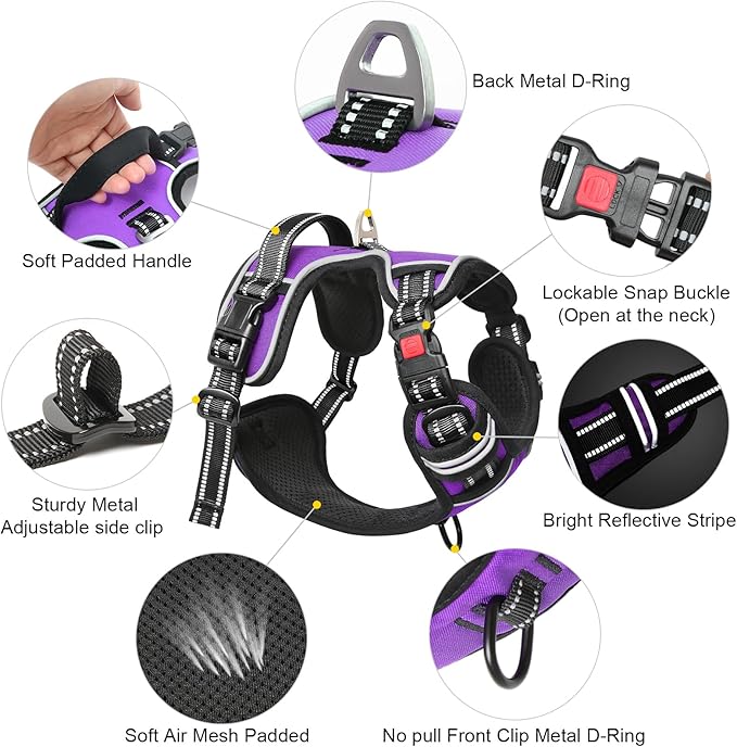 Timos Dog Harness Small Sized, No Pull with Neck Lockable Snap,No Choke Front Clip Dog Reflective Harness,Adjustable Metal Rings 3 Buckles,Easy Control Handle for Small Dogs Purple S