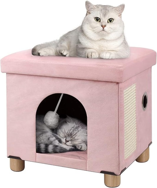 BRIAN & DANY Foldable Cat House, Cat Cave, Cat Cube with Scratch Board & Ball, 12.5" x 14.5” x 14.1”, Pink