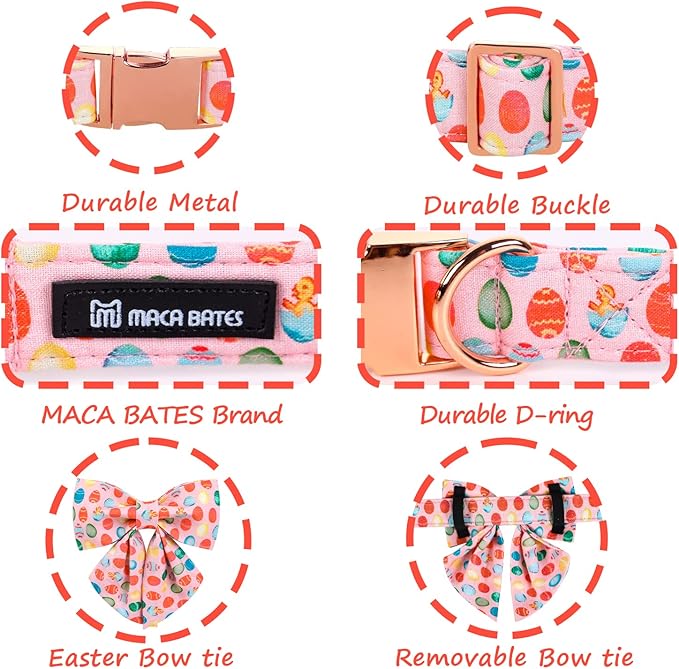 Maca Bates Easter Day Dog Collar with Sailor Bow Tie for Medium Girl Boy Dogs, Pink Easter Egg,Chick Pattern,Adjustable Durable Soft Breakaway Collars for Male Female Puppy