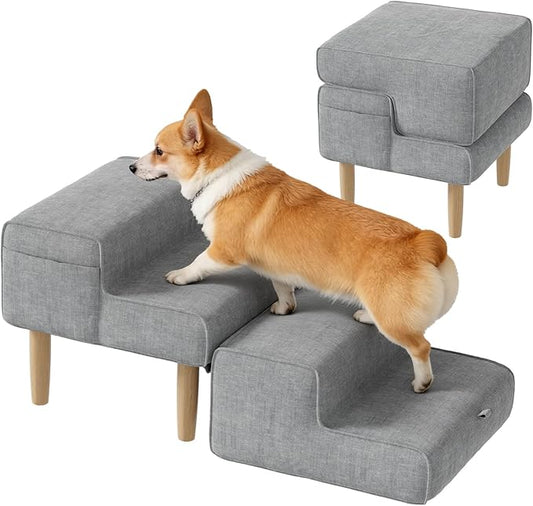 PakaLife Dog Ramp Ottoman,2-in-1 Dog Steps for Bed&Couch,Foldable Solid Wood Pet Ramps&Dog Stairs for Small,Medium Senior Dogs & Old Cats to get on Bed,Washable Cover,135lb Capacity