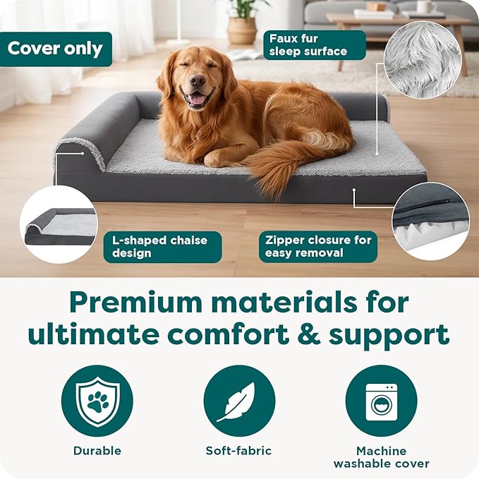 Furhaven Replacement Dog Bed Cover Two-Tone Faux Fur & Suede L Shaped Chaise, Machine Washable - Stone Gray, Jumbo (X-Large)