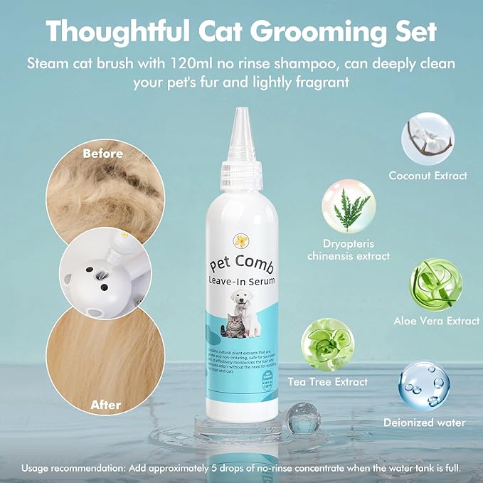 4 in 1 Pet Steam Brush for Cat & Dog, Cat Steam Brush for indoor Cats, Self Cleaning Shedding & Grooming Tool with Waterless Shampoo, Pet Spray Hair Removal Comb with Release Button & Water Tank