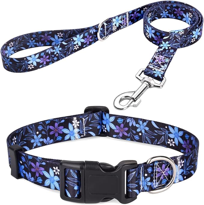 Dog Collar and Leash Set with Bohemia Floral Tribal Geometric Patterns - Soft Ethnic Style Collar Adjustable for Small Medium Large Dogs(Blue Floral Set,L)