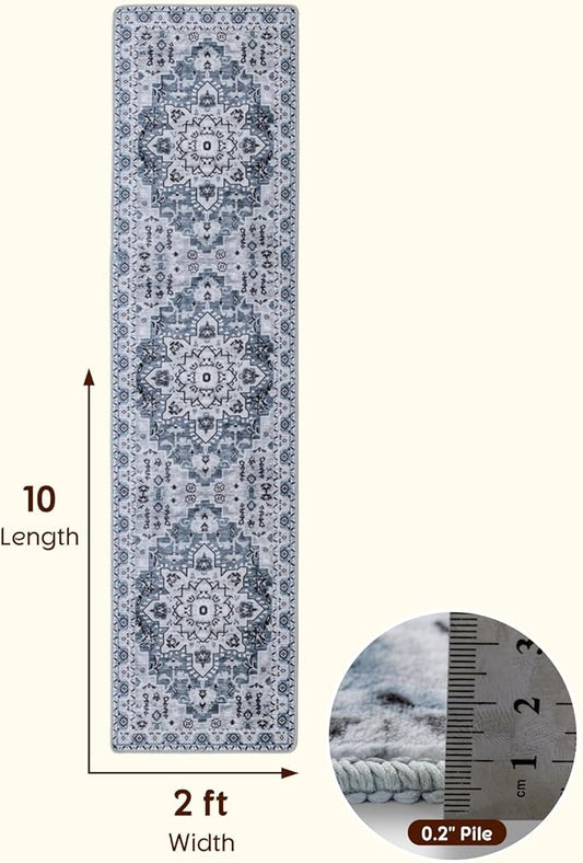 LBRO2M Boho Hallway Rug 2'X10’ Washable Runner Rugs Non Slip Low Piles Rugs Vintage, Soft, Dusty Blue Area Rug Runners for Hallways, Bedroom, Kitchen Laundry Room Pattern Print (2'X10', Light Blue)