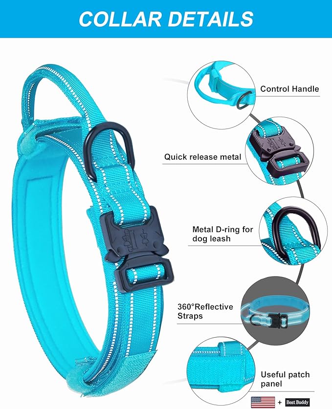 AUBELL Reflective Tactical Dog Collar,Adjustable Military Heavy Duty K9 Collars with Handle and Quick Release Metal Buckle Great for Large Dogs, with Airtag Case and 2 Patches (Blue,L)