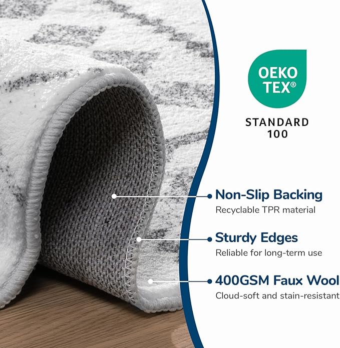 Lessymo Area Rugs 5x7, Washable Modern Area Rugs, Super Soft Faux-Wool Carpet for Living Room Bedroom Dining Room, Non-Slip Low Pile, Geometric Grey