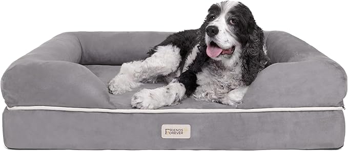 Friends Forever Large Dog Bed, Orthopedic Pet Sofa Memory Foam Mattress, Calming Dog Couch, Wall Rim Pillow, Water Resistant Liner, Washable Cover, Non-Slip Bottom, Chester, Large Grey