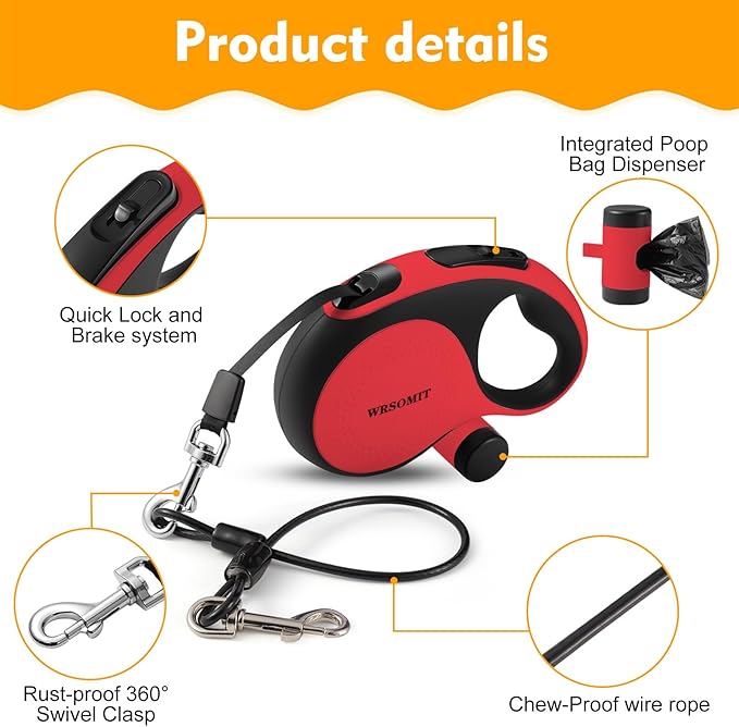 Retractable Dog Leash with Chew Proof Cable, 26Ft Heavy Duty Dog Leash for Medium Large Dogs up to 110lbs, 360째 No Tangle, One-Handed Brake (Red)