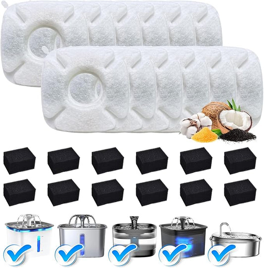 12Pcs Cat Fountain Replacement Filters,12Pack Cat Water Fountain Replacement Filters with 12Pack Pre-Filter Sponges, Pet Fountain Filter Fit for 95oz/2.8L Automatic Pet Fountain Cat Water Fountain