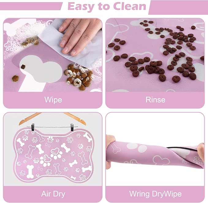 Dog Cat Mat for Food and Water,Rapid Absorbent Pet Feeding Mat, Bone Shaped Dog Placemat Bowl Mat with Rubber Backing,No Stains Pet Food Mats Indoor, Pet Accessories Supplies,Pink 17"×29"