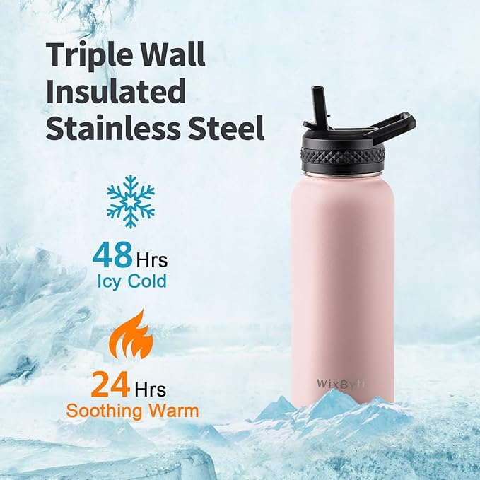 32 oz Insulated Water Bottle with Straw (Cold for 48 Hrs), Stainless Steel Triple Wall Vacuum Sports Water Jug, Leakproof Hydro Cup Flask with Paracord Handle & Straw Spout Lids & DIY Stickers