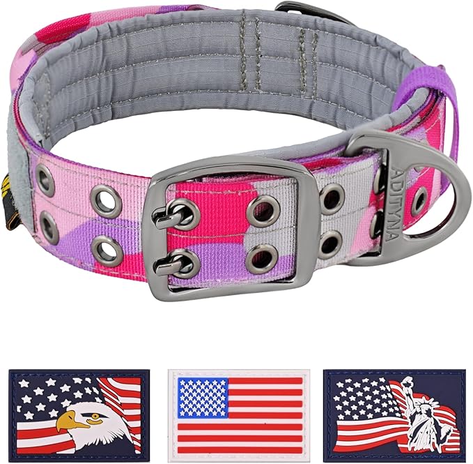 ADITYNA Heavy Duty Dog Collar for Extra-Large Dogs - Camo Pink Purple Collar with Handle for Training, and Walking - Wide, Tactical, Soft Neoprene Padded