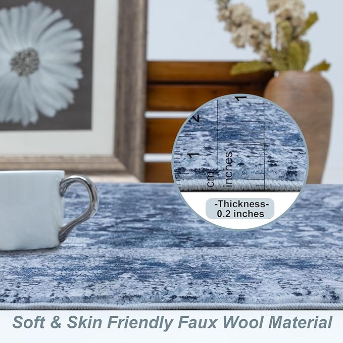 Area Rug 6횞9, Large Vintage Boho Rug,Ultra-Soft Low Pile, Washable, Non Slip,Stain Resistant, Printed Carpet for Living Room Bedrooms Playroom Office Kitchen, Solid/Blue