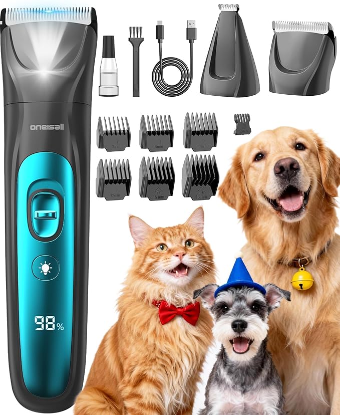 oneisall LED Light Dog Trimmer Clippers, Cordless Dog Grooming Kit 2 in 1, 2000mAh Pet Grooming Clippers Paw Trimmer for Paw, Face, Ears, Legs, Body