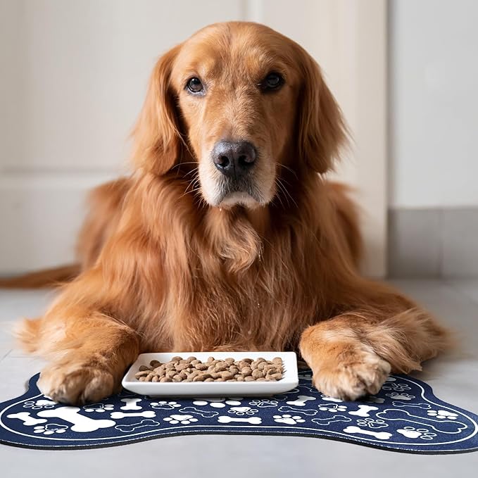Dog & Cat Food Mat Bone Shaped Pet Feeding Mat Quick Absorb Water Bowl Placemat with Rubber Backing Indoor Floor Stain Resistant Pet Accessory Supplies (Blue, 12x18 Inches)