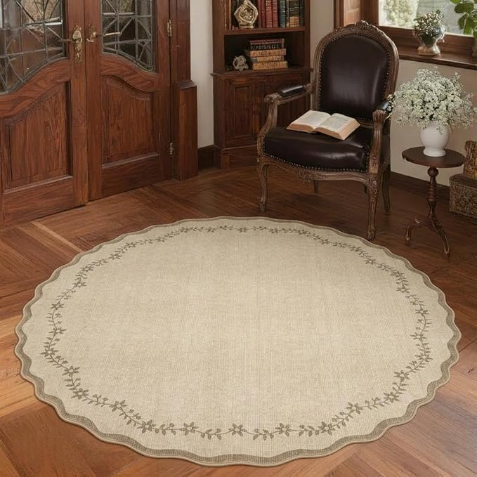 GarveeHome Round Area Rugs 8ft for Living Room, Large Solid Jute Washable Circle Rug Soft Non Slip Forest Animal Print Floor Mat Tan Carpet Indoor Thin Rug for Bedroom Dining Room Playroom Nursery
