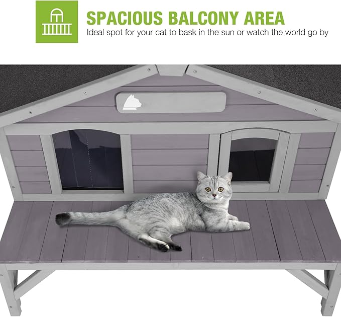GUTINNEEN Large Outdoor Cat House Weatherproof with Escape Doors, Thicker Insulated Solid Wood, Large Porch, Spacious Feral Cat Shelter Perfect for Multi-Cat Families