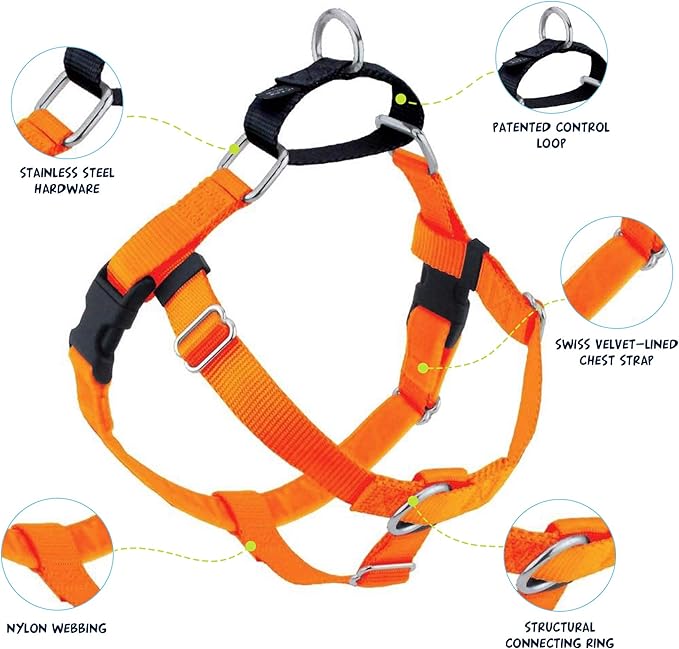 2 Hounds Design Freedom No Pull Dog Harness, Adjustable Harness and Leash Set, Easy Walking & Comfortable Control, Fits Small, Medium & Large Dogs, Solid Colors, Made in USA, 5/8" XS, Neon Orange