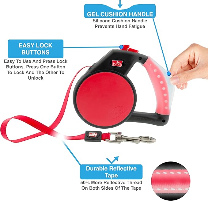 WIGZI Gel Retractable Leash, Small, Red (SMLGL-RD)