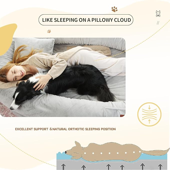 Human Dog Bed for Adult Kids with Blanket and Pillow, 70"x33"x12" Washable Faux Fur Human Size Dog Bed for People Doze Off, Light Grey
