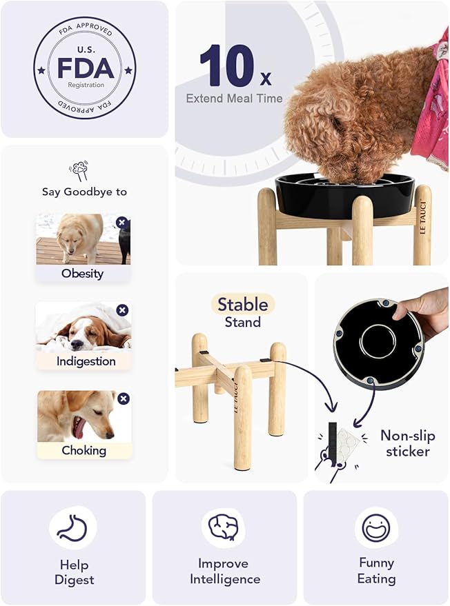 LE TAUCI Ceramic Slow Feeder Dog Bowls Elevated, 0.6 Cups Raised Dog Bowl with Wooden Stand for Small Breed, Pet Dishes to Slow Down Eating, Skull Black