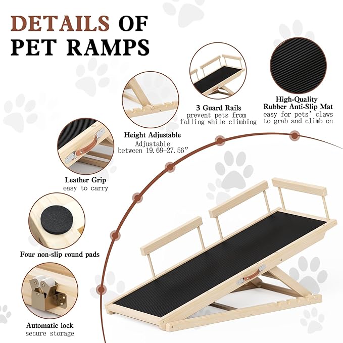 Dog Ramp for High Bed, Couch, Car, Pet Ramps 55.12" Long Adjustable 19.3"-27.17" Wooden Dog Step with Anti-slip Rubber Mat & Safety Side Rails for Small Medium Large Older Pets, up to 250 lbs