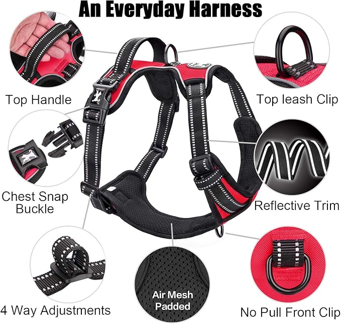 PoyPet No Pull Dog Harness, Reflective Comfortable Vest Harness with Front & Back 2 Leash Attachments and Easy Control Handle Adjustable Soft Padded Pet Vest for Small to Large Dogs (Red,XS)