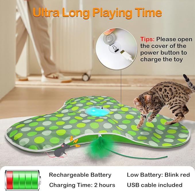 Interactive Cat Toys Rechargeable,Moving Concealed Feathers,Real Mouse Squeaky,Touch Activated Cat Kitten Toy Exercise Toys for Indoor Bored Adult Cats