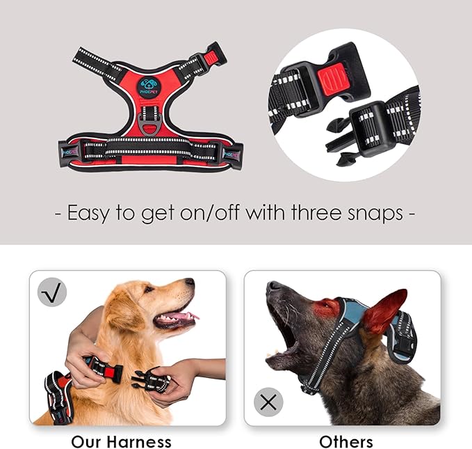 PHOEPET Reflective Dog Harness Large Breed Adjustable No Pull Vest with Handle 2 Metal Rings 3 Buckles [Easy to Put on & Take Off](L, Red)