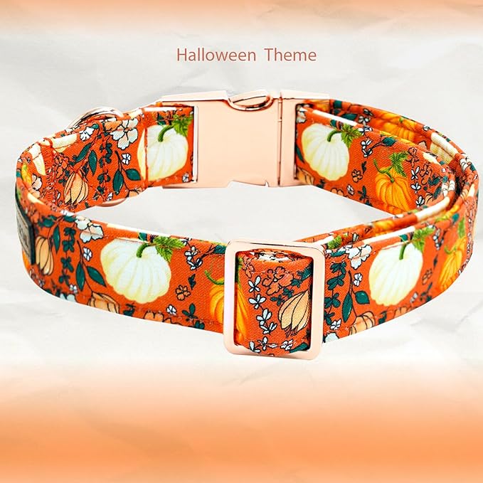Elegant little tail Halloween Dog Collar, Pumpkin Print Pet Collar Fall Orange Puppy Cotton Collars Female or Male Dog Collars for Small Medium Large Dogs