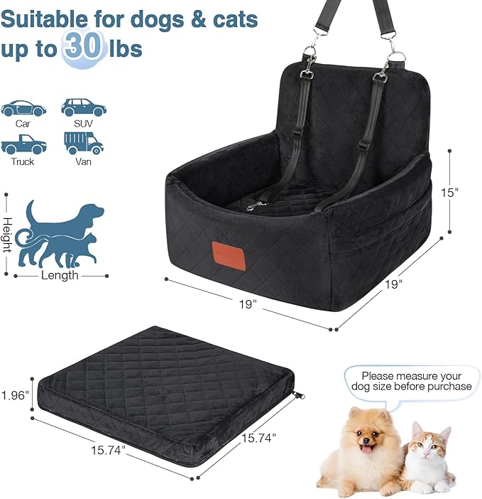 Dog Car Seat for Small Dogs Under 30lbs, Washable Pet Travel Car Bed with Memory Foam,Fully Detachable Cover,2 Storage Pockets & Safety Leash,Non-Slip Bottom(Black)