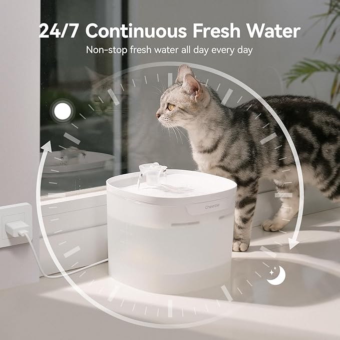 Cheerble Pumpless Cat Water Fountain, 2L/67oz Automatic Pet Fountain, Elfin E1 Lite Cat Fountain for Drinking, MagDrive™ Technology, Continuous Flow Mode, BPA-Free (White, E1 Lite)