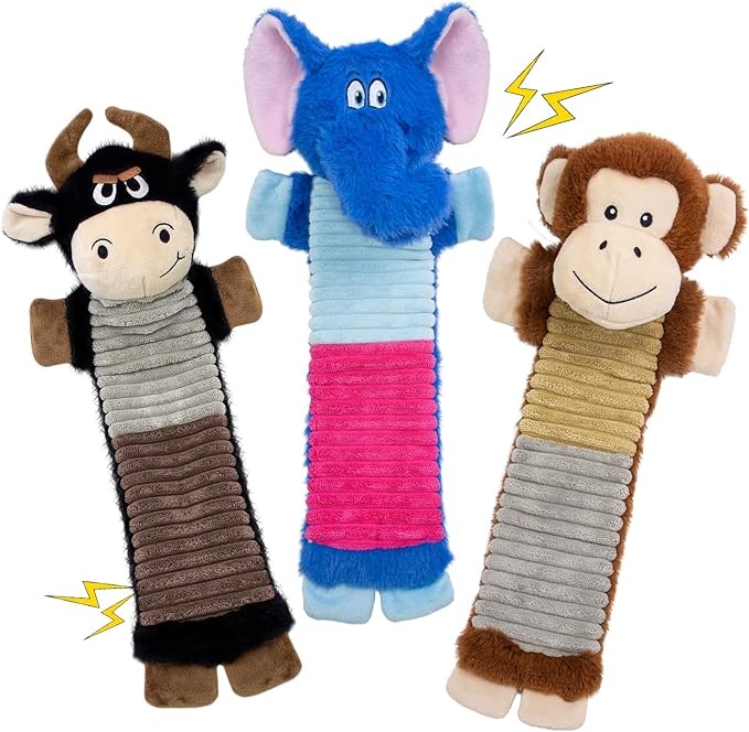 3 Pack No Stuffing Dog Squeaky Toys, Dog Chew Toys with Crinkle and Squeaker, Cute Animal PlushToys to Keep Them Busy, Suitable for Large, Medium and Small Breeds （Elephant&Monkey&Cattle