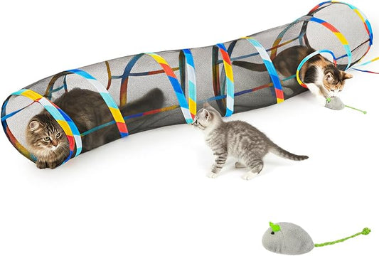 Glittme 48" Mesh Cat Tunnel for Indoor Cats Breathable Pet Play Tunnel with Bonus Mouse Teaser Collapsible Kitten Tube Rainbow Trim 9.8" Dia See-Through Hiding Spot for Large Cats & Rabbits