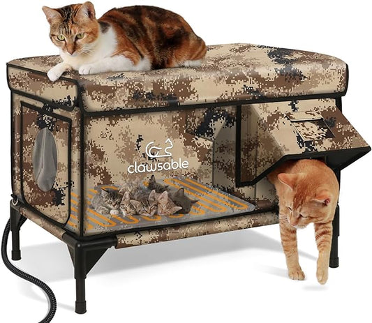 Sturdy Outdoor Heated Cat House for Winter, Insulated Heated Cat House for Outside with Two Door, Feral Cat Shelter with Waterproof Awning, Outdoor Cat House Barn Stray Kitty